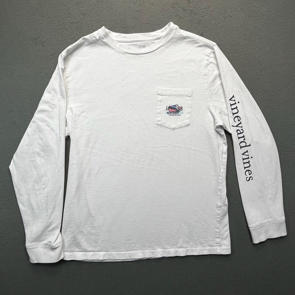 Vineyard Vines Long Sleeve Pocket T Shirt Ice Skating Whale Graphic White Mens L